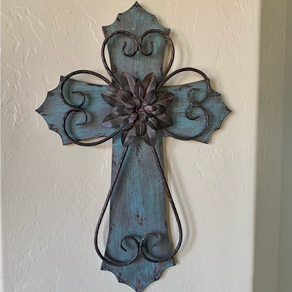 Wood and Metal Teal Cross